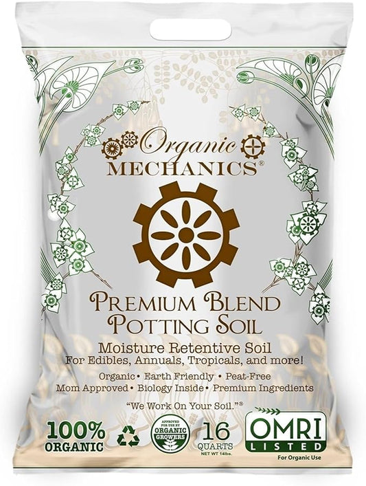 Premium Blend Potting Soil, 16 Quarts – Moisture Retentive with Compost, Aged Pine Bark, Worm Castings, and Perlite for Containers, Transplanting & More – Peat-Free