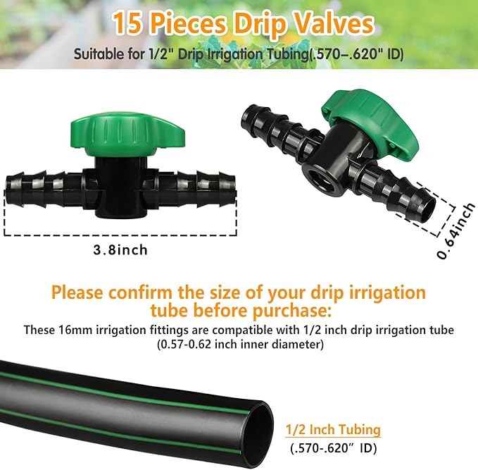 1/2 Inch Drip Irrigation Barbed Valve, 15 Pcs Barbed Switch Valves Drip Line Parts for 1/2" Drip Tubing (.570-.620" ID), 1/2 in. in-line Barbed Shut Off On Valve for Garden Irrigation System