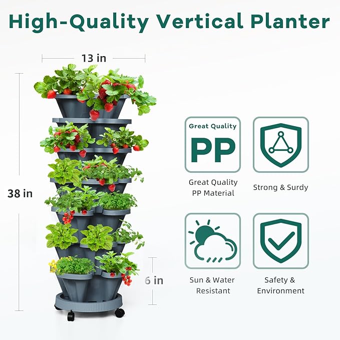 Strawberry Vertical Planters Tower Garden 3 Pack, 7 Tiered Stacking Herb Vegetable Planter with Support Pole Indoor and Outdoor - Dark Grey