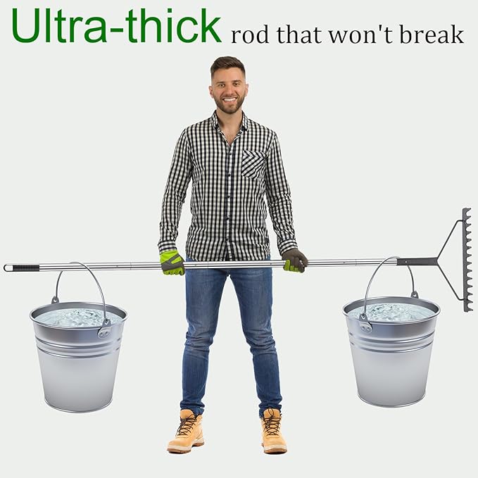 Sturdy Garden Rakes for Leaves: Metal Rake Heavy Duty Tool for Quick Clean Up of Lawn and Yard, 38’’--63’’ Adjustable Long Handle and 25Tins