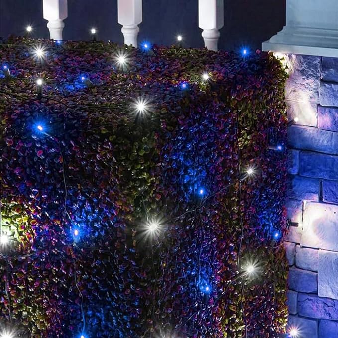 QITONG 4 Pack Blue and White Solar Fairy Lights, Each 33ft 100 LED String Light, 8 Modes Silver Wire Solar Twinkle Lighting for Tree Garden Yard Christmas