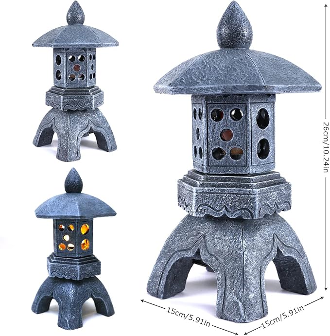 Pagoda Lantern Garden Statue with Solar Lotus Lights, Large Resin Japanese Temple Pagoda Lamp Asian Zen Outdoor Yard Decor for Landscape Patio Porch Lawn Decorations, Christmas Ornament Gift