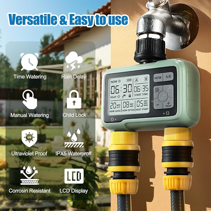 CROSOFMI Water Timer for Garden Hose,Sprinkler Timer with Rain Delay/Manual Watering/Automatic Irrigation Controller System - Water Hose Timer Programmable Faucet Timer for Yard Lawn,2 Outlet