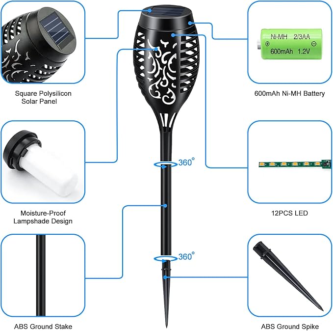 Solar Lights Outdoor 6 Pack, Solar Torch Light with Flickering Flame, Waterproof Outdoor Lighting Solar Powered Pathway Lights, Decoration Lighting for Garden Yard Patio, Auto On/Off