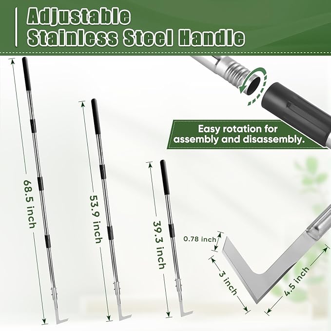 Crack Weeder Manual, Crevice Weeding Tool, Weed Remover Puller Tool with 30”-60” Adjustable Long Stainless Steel Handle for Sidewalk Deck Paver Boards Crack, Crevice Weed Cleaning Gardening Tool