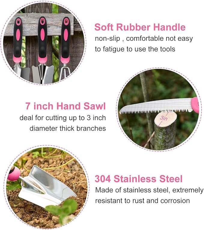 Garden Tool Set, YZNlife Garden Tools Set for Women, 16 Pieces Stainless Steel Heavy Duty Gardening Tools with Non-Slip Rubber Grip and Garden Bag for Gardening Work