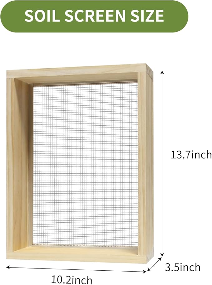 Wooden Soil Sifter for Gardening,13.7"x10.2" Rock Sifter with 2 Replaceable Mesh Screen (0.25"&0.47") Compost Sifter for Leaves, Rocks, Compost, Gravel, Soil