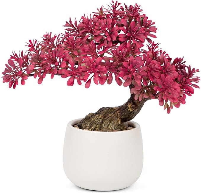 DILATATA Fake Bonsai Tree Zen Juniper Bonsai Plant 10” Tall Artificial Bonsai Trees with White Ceramic Pot Decorated with Pebbles Desk Plant Indoor Bonsai for Home Office Decor Pink