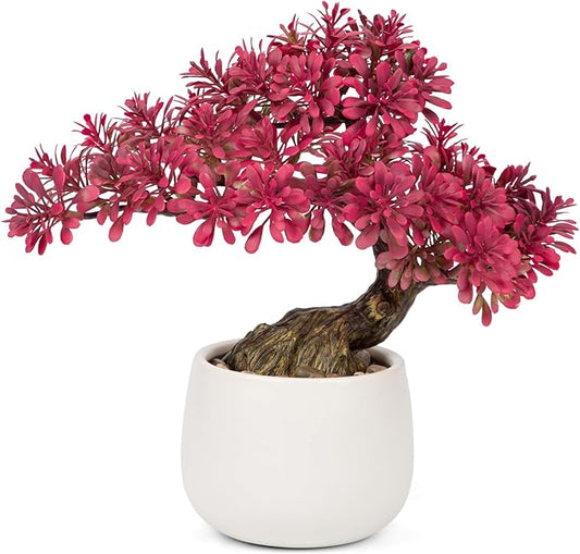 DILATATA Fake Bonsai Tree Zen Juniper Bonsai Plant 10” Tall Artificial Bonsai Trees with White Ceramic Pot Decorated with Pebbles Desk Plant Indoor Bonsai for Home Office Decor Pink