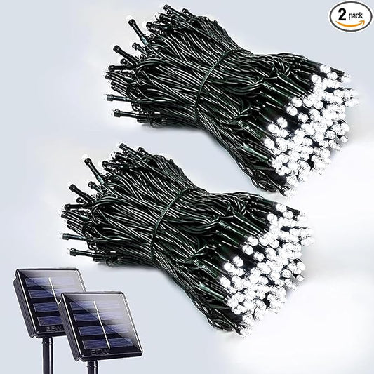 EEW 2-Pack 200 LED Solar String Lights for Outside, Solar Christmas Lights with 8 Lighting Modes, Waterproof Green Wire Solar String Lights Outdoor for Tree Xmas Party Garden Decorations (Cool White)