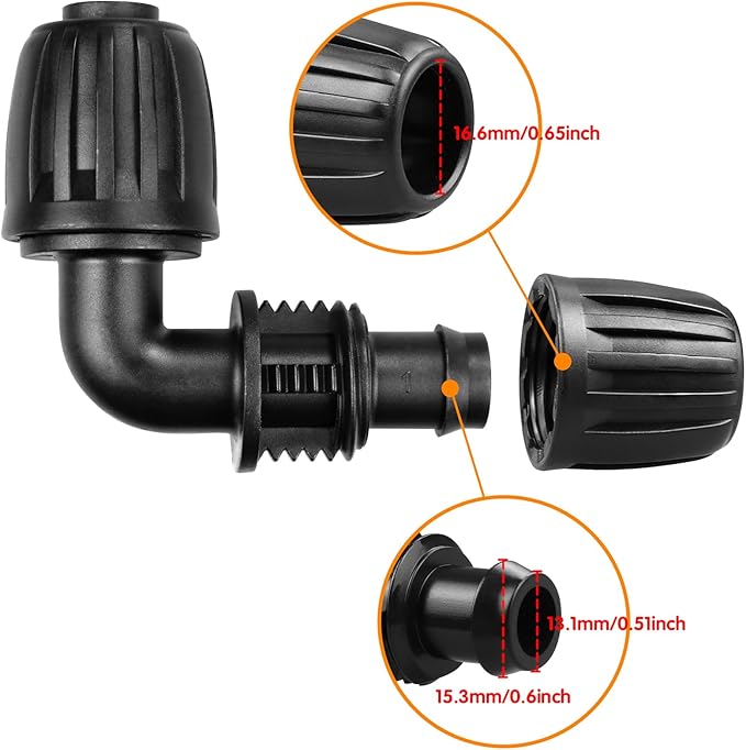 Drip Irrigation Fittings for 1/2 inch Tubing (0.60"-0.63" OD), 12 Pieces Barbed Elbow Drip Parts Locked Elbow Connectors, Drip Line Nuts Connectors for 1/2" Drip Irrigation Hose(Black)