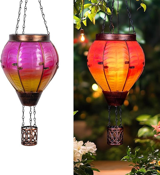Hot Air Balloon Solar Lantern with Flickering Flame Light Outdoor Solar Hanging Lights Waterproof for Garden Yard Farmhouse Patio Pathway Outside Decoration, Pink&Orange