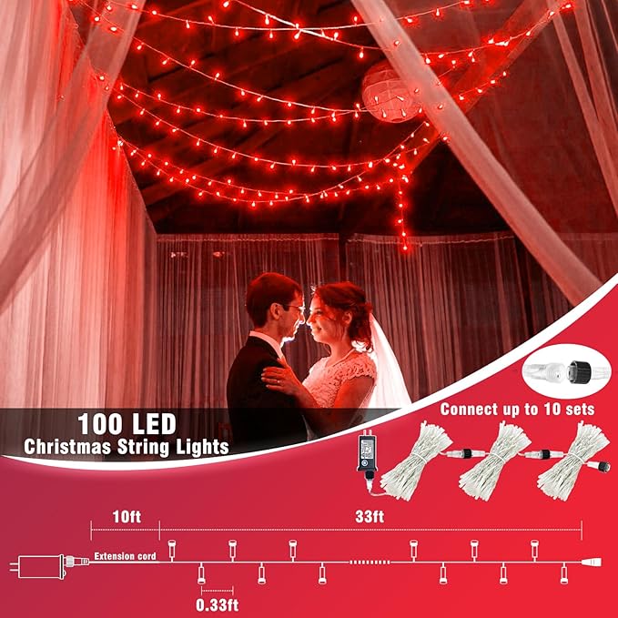 Vivideal 33ft Red Christmas String Lights Outdoor, 100 LED 8 Modes Clear Wire, Connectable Waterproof Plug-in Pink Christmas Tree Decor for Bedroom Indoor Outdoor