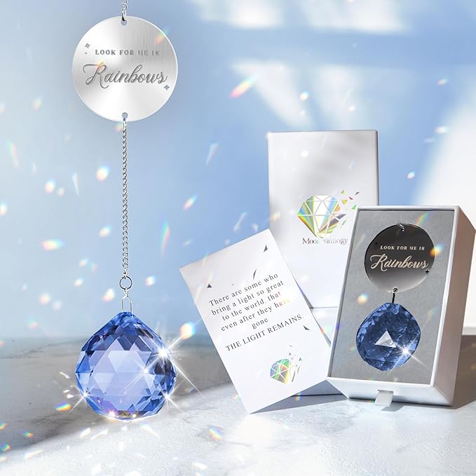 Memorial Gifts for Loss of Loved One, Unique Sympathy Gift Idea Navy Blue Crystal Ball Window Suncatcher, Rainbow Bereavement Grief Gift Box for Loss of Mom Dad Husband Son Daughter