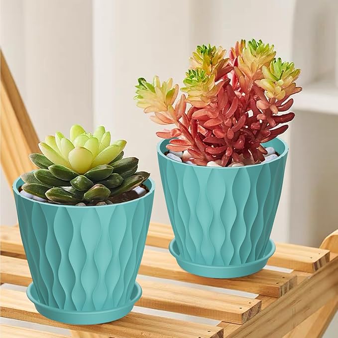 6 Pack 4 Inch Small Plant Pots with Saucers, 3D Textured Plastic Planters with Drainage Holes for Indoor and Outdoor Plants, Flowers, Herbs, Succulents, and Seedlings, Blue