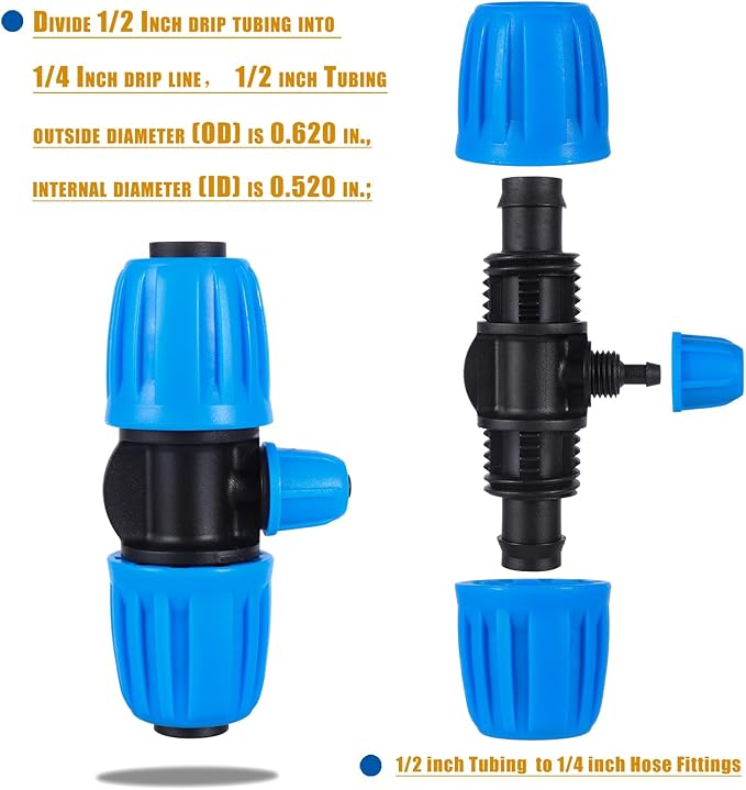 10 Pcs Barbed Tee 1/2 inch Tubing (1/2" ID x0.6-0.63" OD) 16mm to 1/4 inch Irrigation Tube Anti-Drop Quality Fitting (3-Way Lock Buckle Blue)