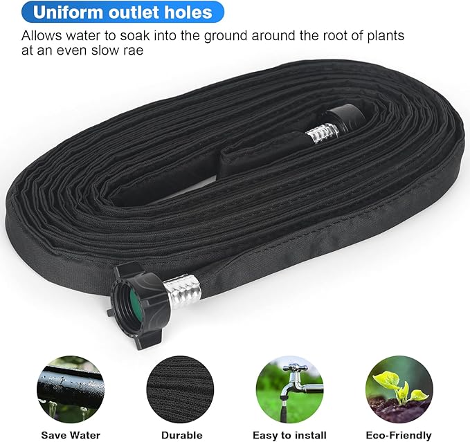 Flat Soaker Hose 50FT x 3 PACK,Drip Hose for Garden Beds Linkable Irrigation System Lightweight and Easy Watering for Tree Plant and Save 80% Water for You (150FT)
