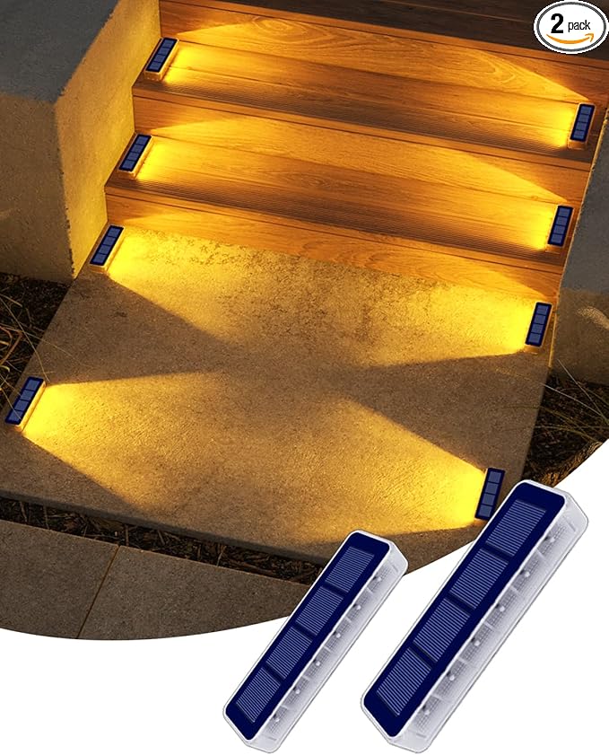 Solar Step Lights for Outside, 2 Pack Solar Stair Lights, Warm White Outdoor Deck Light Waterproof, Outdoor Light Solar Powered for Deck, Dock, Pathway, Porch, Path, Ground, Backyard