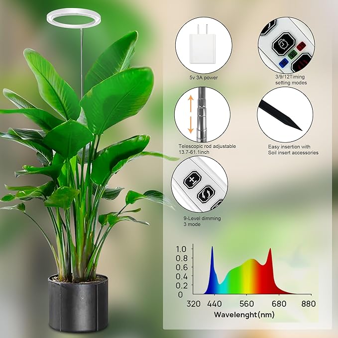 10" LED Ring Grow Lights for Indoor Plants, 160LEDs Full Spectrum Large Plant Light for Indoor Plants, Height Adjustable Growing Lamp with Auto On/Off Timer 3/9/12H, 9 Dimmable Brightness, White