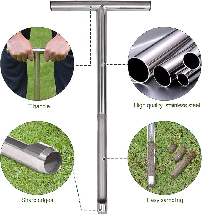 Soil Probe 20 Inch with 2 Bags, Soil Sample Probe for Lawn House Plants, T-Handle Soil Sampler Probe Rod, Stainless Steel Soil Test Kits Tool for Soil Sampling