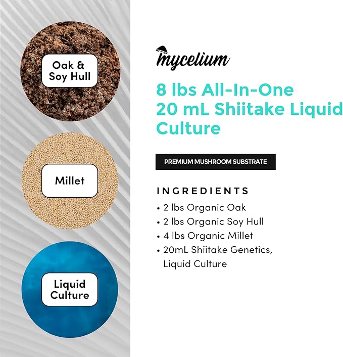Mycelium’s Shiitake Gourmet Mushroom Kit | 8LBS Oak & Soy Hull with Millet Blend | 20ML Liquid Culture Syringe | All-in-One Complete Cultivation Kit | Pre-Sterilized - Home Growing Made Easy