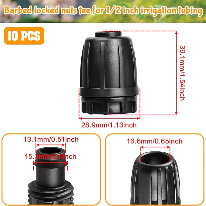 Drip Irrigation Fittings for 1/2 Inch Drip Tubing (1/2" ID x 0.65" OD)：1/2'' Drip Line End Caps Anti-drop Locked Nut Barbed Plug Connectors Garden Irrigation System Parts (10 Pack)