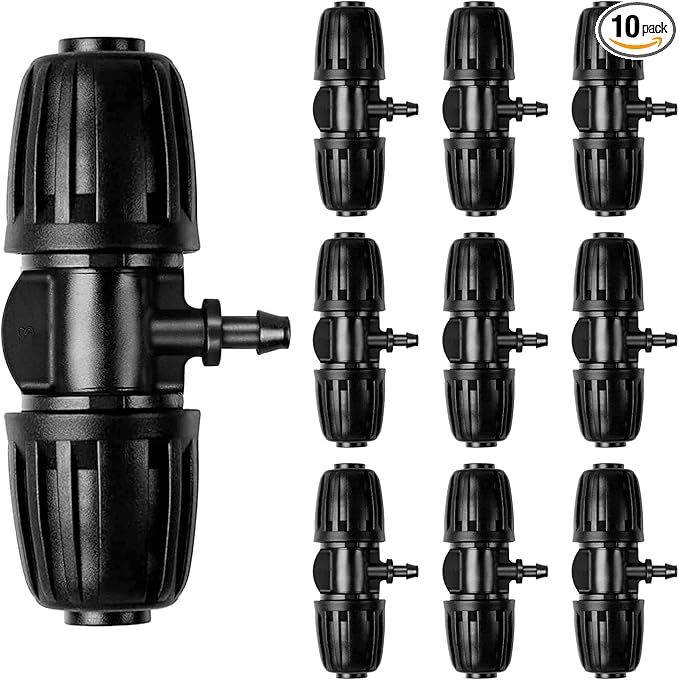 10 Pcs Barbed Tee 1/2 inch Tubing (1/2" ID x0.6-0.63" OD) 16mm to 1/4 inch, Irrigation Tube Anti-Drop Barbed Hose Fittings (Fits 13mm ID / 4mm ID), Locked Barbed Reducing Tee for Drip Hose