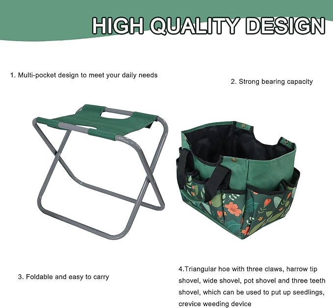 Folding Gardening Stool with Detachable Storage Tote Bag, Multifunctional Gardening Tools Set Organizer for Fishing and Camping,Portable Garden Chair Seat for Adults (Green Flower)