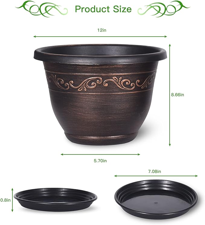 Plastic-Plant-Flower-Planters-12 Inch with Drainage Hole & Saucer, 3 Packs Lightweight Small Resin Flower Pot Indoor Outdoor, Retro Antique Imitation Decorative Garden Containers Sets for Houseplants