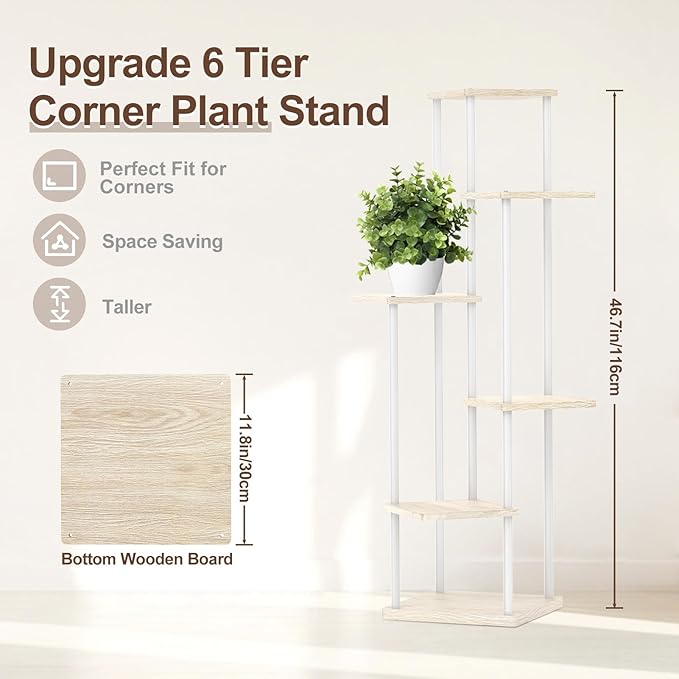 6 Tier Plant Stand Indoor Outdoor , Metal Wood Tiered Corner Plant Stands Pot Holder, Wood Flower Shelf Display Rack for Living Room Bedroom Balcony Garden Patio, White