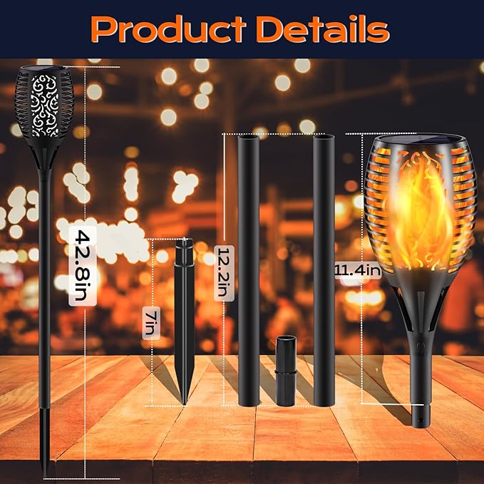 Upgraded Larger Solar Torch Lights, 43" Flickering Flame Solar Lights, Waterproof Outdoor Solar Landscape Decoration Lighting 96 LED Auto On/Off Garden Patio Yard Pathway,Black 1 Pack (1)