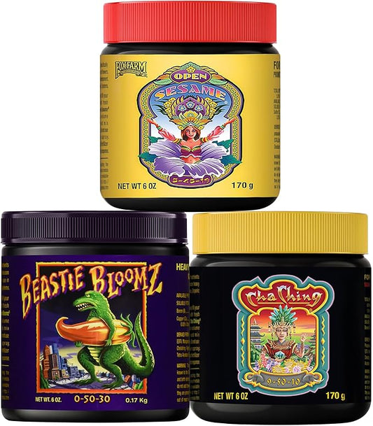 Foxfarm Soluble Nutrient Trio: Open Sesame, Cha Ching & Beastie Bloomz (Pack of 3-6 oz Jars) + Twin Canaries Chart