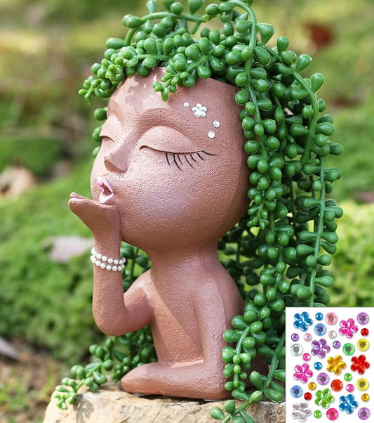 Smiley Face Flower Pot Head Planter for Indoor Outdoor Planter, Girl Statue Flower Pot, Cute Lady Plant Pot, Female Statue Vases with Faces,Succulent Garden Pot with Drainage, Brown
