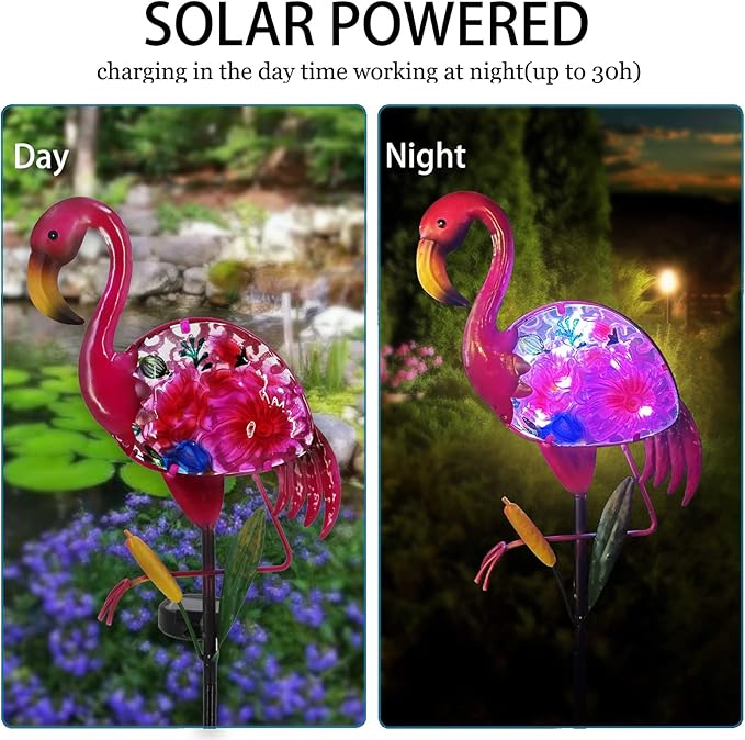 Solar Garden Lights, Glass & Metal Flamingo Solar Garden Decor Solar Pathway Lights Solar Garden Stakes Decorative Yard Art Yard Decor Waterproof for Patio Lawn Courtyard