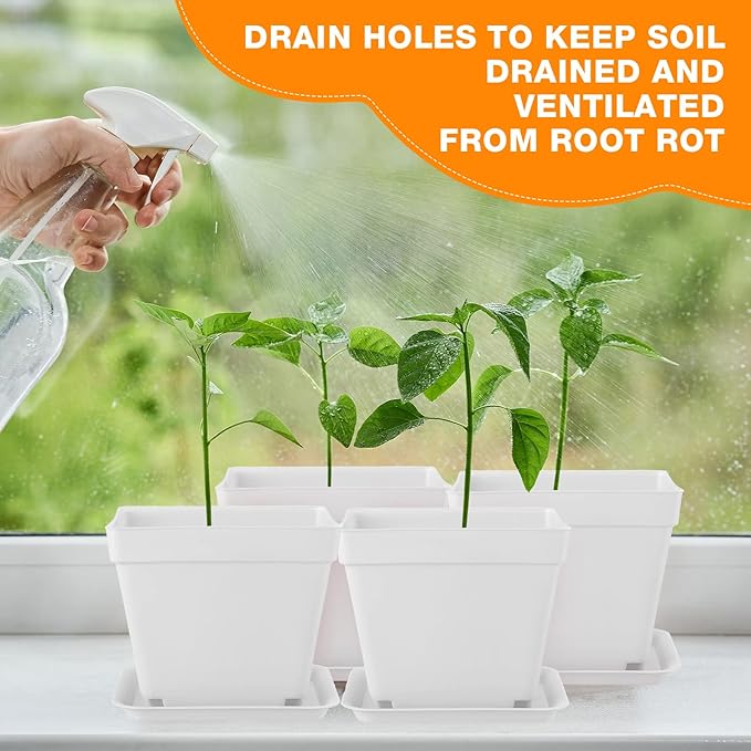 100 Pieces 4 Inch Flower Pots Square Plants Nursery Pot Plastic Plant Seedling Pots Nursery Transplanting Planter Container with Saucer for Indoor Herbs Succulents Balcony Garden Office (White)