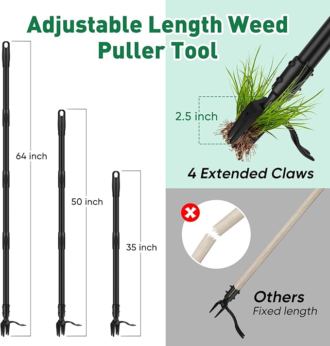 BlumWay 64 INCH Weed Puller Tool, Stand Up Heavy Duty Weed Puller, 3 Adjustable Long Handle Weed Remover Tool, 4 Claw Steel Head Weeder Tool, Garden Manual Weeding Tool Without Bending or Kneeling