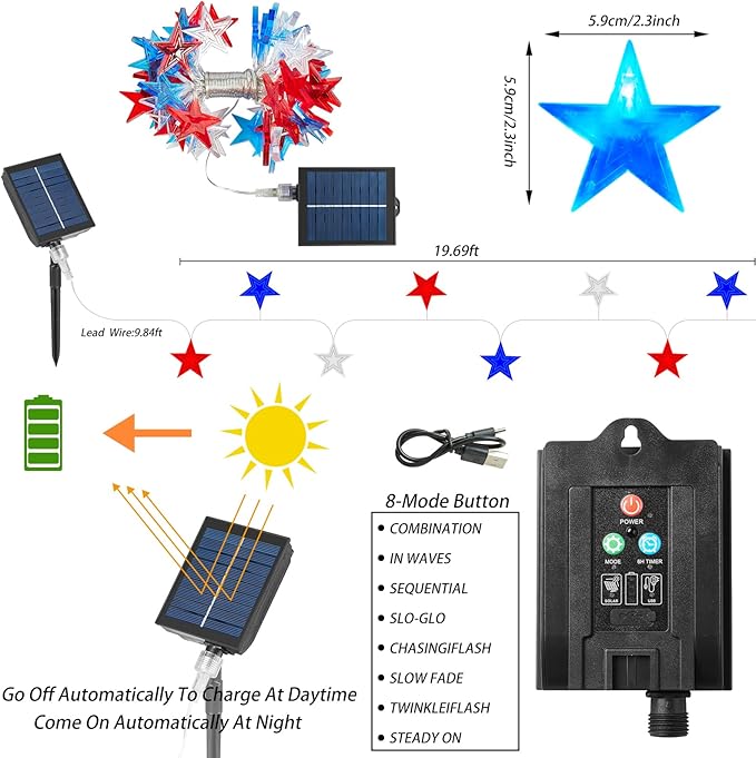 4th of July Decorations Red White Blue Lights with 60Led Big Stars, Solar Powered Rechargeable Independence Day Lights for Indoor Outdoor Home Garden Golf Cart Patriotic Theme Memorial Day Decorations