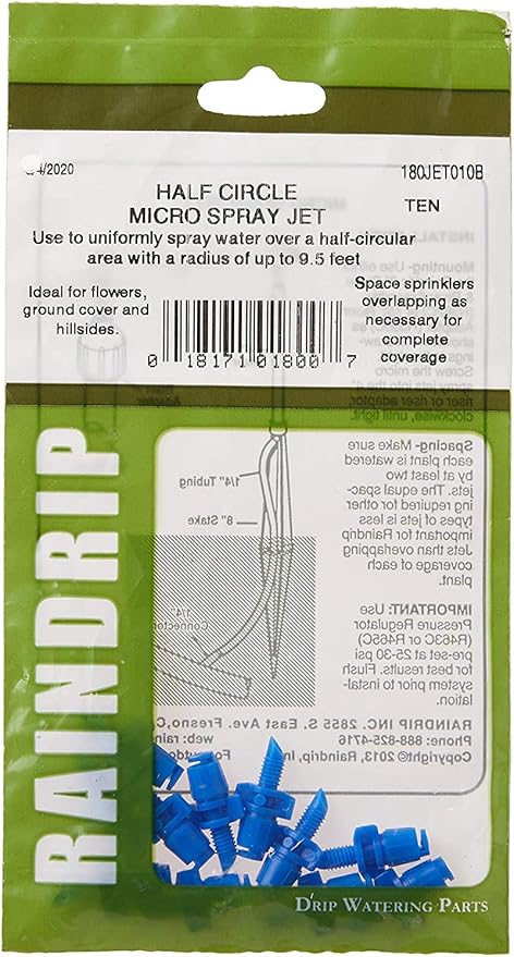 Raindrip 180JET010B, Micro Spray Jet, Half-Circle Pattern, Fan Spray, with 10-32 Threaded Inlet, Drip Irrigation Emitters for Drip Irrigation Gardening Systems, 10-Pack, Blue
