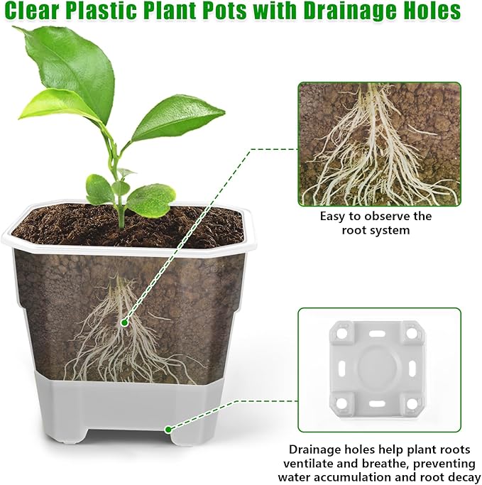 15 Packs 4 Inch Reinforced Clear Nursery Pots for Plants, Plastic Plant Pots with Silicone Base for Easy Transplant, Reusable Seedling Planting Pots Seed Starter with Drainage Holes (15, Gray)