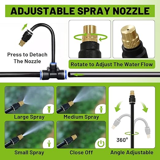 Garden Drip Irrigation Kit, 100ft Black Hose, 360° Adjustable Universal Nozzle, Patio Mist Plant Watering Sprinkler, Comes with Faucet Separator, Sprinkler Hose Adapter (Closeable nozzle-28)