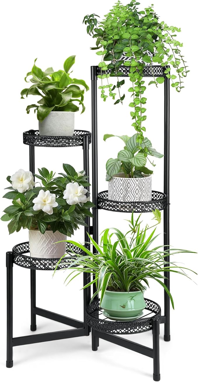 Black Metal Plant Stand for Indoor Outdoor 5 Tier Foldable Corner Tall Plant Shelf Display Stand for Multiple Plants Wrought Iron Flower Pot Holder for Living Room Balcony Garden Patio(5 tier01)