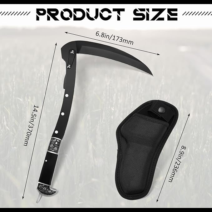 WILLBOND Black Sharp Folding Sickle Garden Tool Portable Safety Grass Hand Sickle Knife with Sheath Wooden Handle 2 Sections for Gardening Farming Lawn Grass Weeds Hand Tools