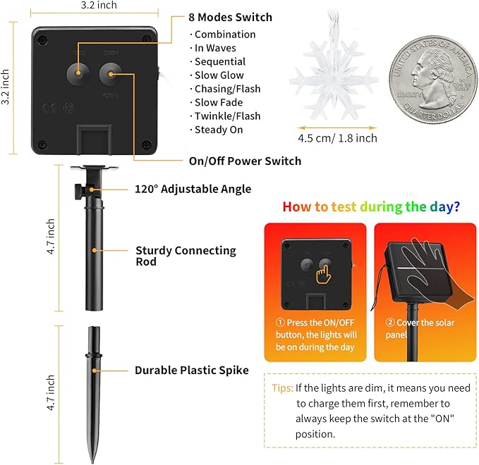 Brightown Solar Christmas Snowflake String Lights - 2 Pcs 100 LED 39 FT Outdoor Waterproof Fairy Lights with 8 Lighting Modes for Wedding, Party, Tree, Garden, Patio, Yard, Home, Multicolor