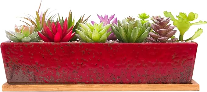 ARTKETTY Succulent Pots - 12.1 Inch Large Succulent Planters Pots with Drainage Tray, Long Rectangle Ceramic Pots for Indoor Cactus/Succulent Plants Shallow Bonsai Window Box for Home Garden Decor