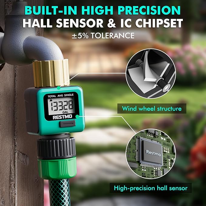 RESTMO Water Flow Meter with Brass Inlet Metal Thread, Measure Gallon/Liter Consumption and Flow Rate for Outdoor Garden Hose Watering, RV Water Tank Filling, Lawn Sprinkler and Nozzle Sprayer