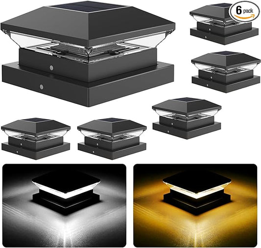 T-SUN Solar Post Cap Lights for 4x4/5x5/6x6 Posts (Wooden/Vinyl) | Waterproof Outdoor Solar Post Lights with Dual-Color Modes | Fence, Deck, Porch & Garden Lighting (6-Pack, Black)