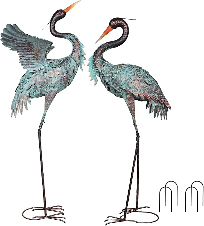 YEAHOME Garden Decor Outdoor Statues, 38"/36" Large Metal Heron Standing Yard Art, Blue Crane Lawn Sculptures Garden Decor for Outside Patio Porch Backyard, Set of 2