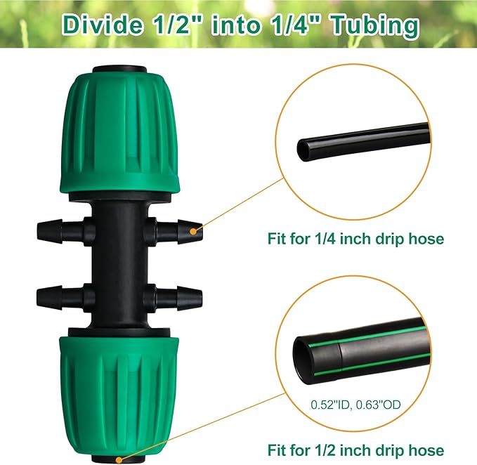 JAYEE Drip Irrigation Fittings, 10 Pcs Lock Barbed Tee for 1/2 to 1/4 Inch Vinyl Tubing, Drip Line Parts 6-Way Tees Irrigation Connectors for Drip Sprinkler Garden Lawn Systems, Green