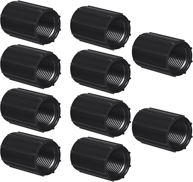 Yahenda 10 Pcs 1/2 Inch PVC Double Female Threaded Coupling Sprinkler Pipe Fitting Female Thread Pipe Fitting Garden Drip Irrigation System PVC Npt Coupler for Irrigation Tube Riser Extension (Black)