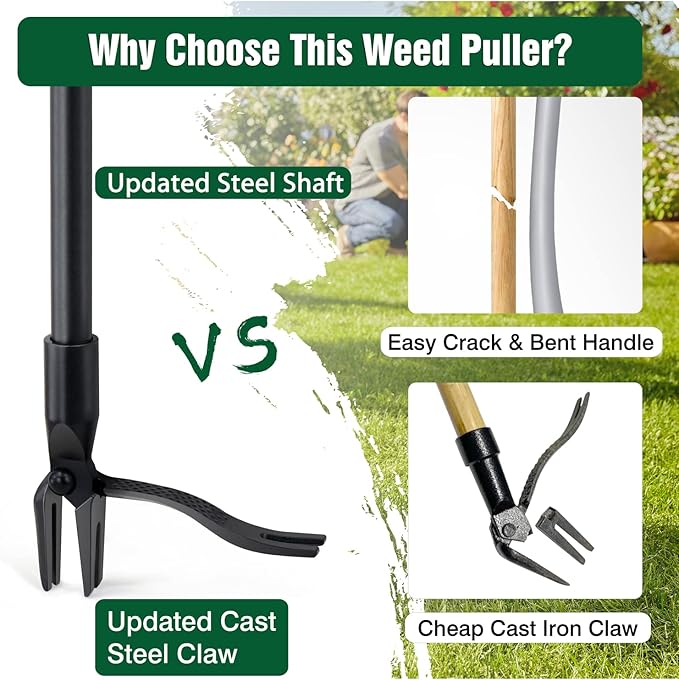 Jardineer Weeder Puller Tool with Long Handle, 45" Stand Up Weed Remover Tool, Weeding Tools Gardening Heavy Duty with 4 Claw Steel Head